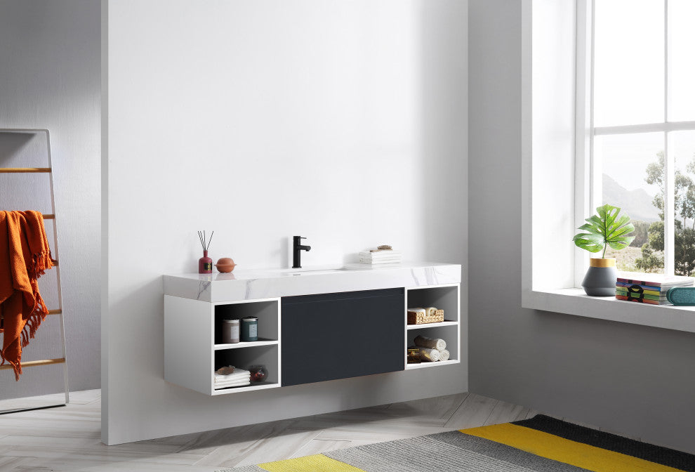 Manarola Matte Black with Thick Quartz Wall Mount Vanity, Open Shelf, 60"
