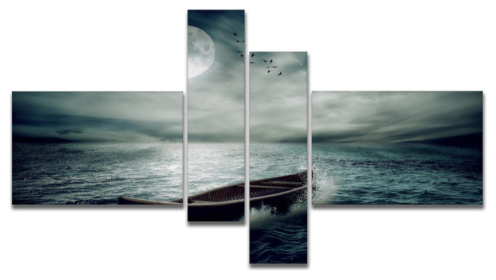 Boat Drifting Away After Storm, Seashore Canvas Art Print, 60"x32", 4 panels