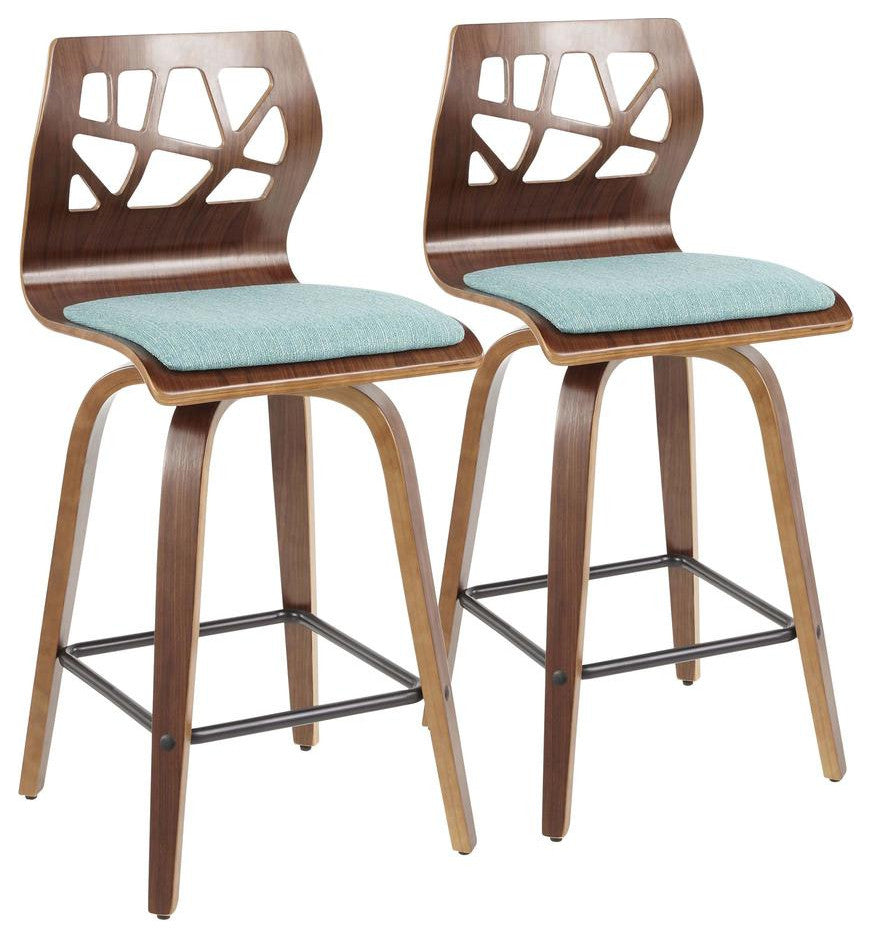 Folia Mid-Century Modern Counter Stool in Walnut Wood and Teal Fabric - Set of 2