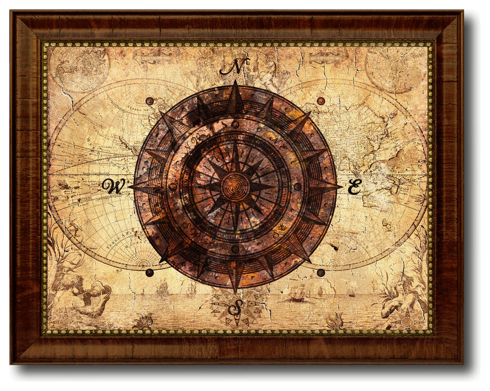 Compass Vintage Nautical Map Print on Canvas with Picture Frame, 30" x 39"
