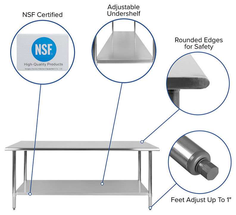 Stainless Steel 18 Gauge Work Table with Undershelf - NSF Certified, 72"w X 30"d