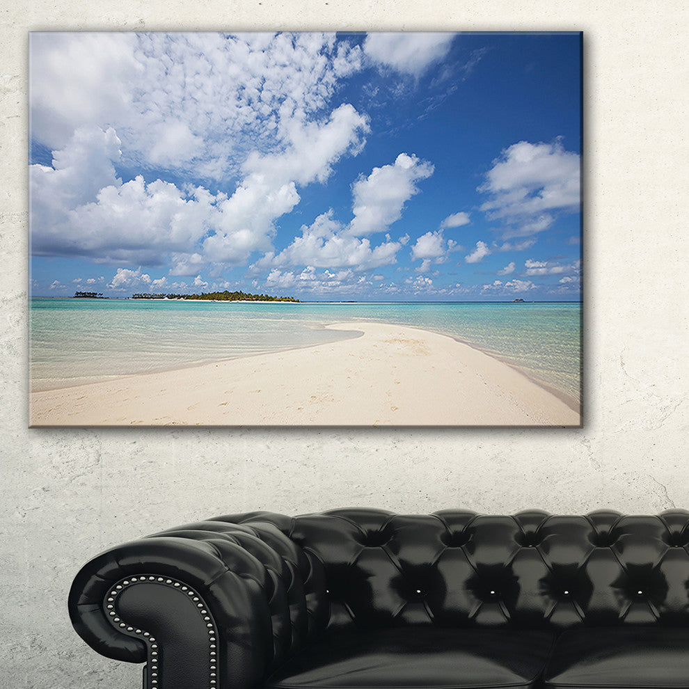 "Serene Maldives Beach Under Clouds" Seascape Art Canvas, 32"x16"