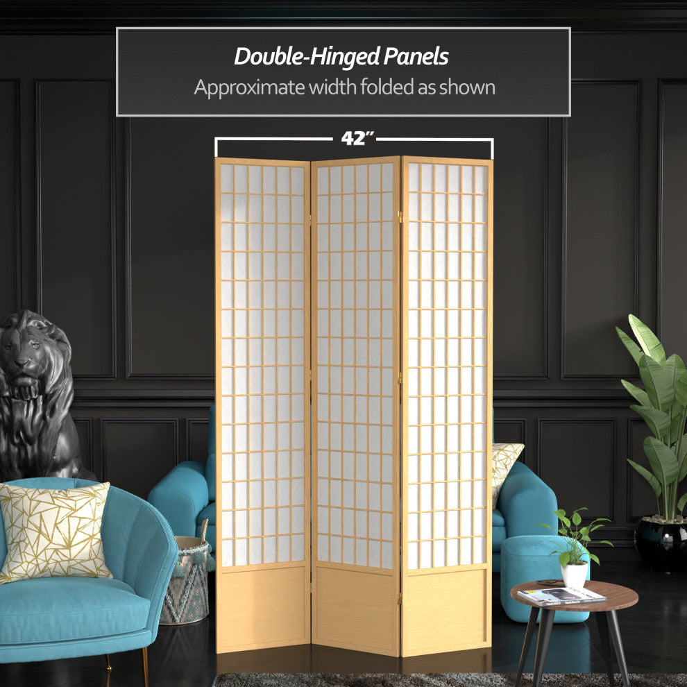 7' Tall Window Pane Shoji Screen, Natural, 3 Panels