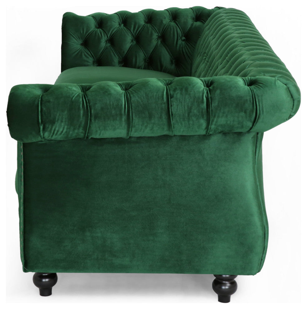 GDF Studio Vita Chesterfield Tufted Jewel Toned Velvet Sofa With Scroll Arms, Emerald