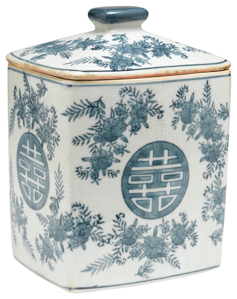 Blue and White Square Jar With Lid