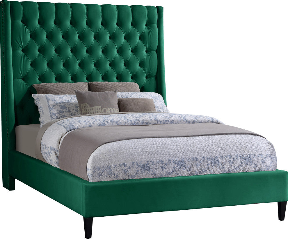 Fritz Velvet Upholstered Bed, Green, Queen