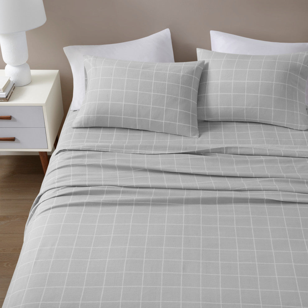 Beautyrest Oversized Flannel 4 Piece Sheet Set, Grey Windowpane