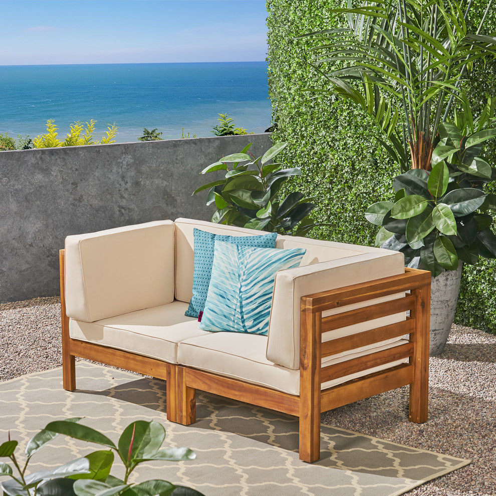 GDF Studio Dawson Outdoor 2-Seater Acacia Wood Sectional Loveseat Set, Beige