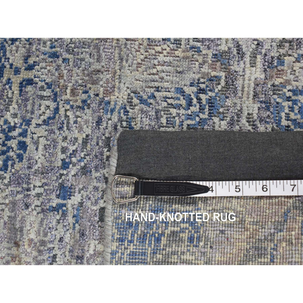 Gray, ERASED ROSSETS, Silk With Textured Wool, Hand Knotted, Rug, 4'9"x7'