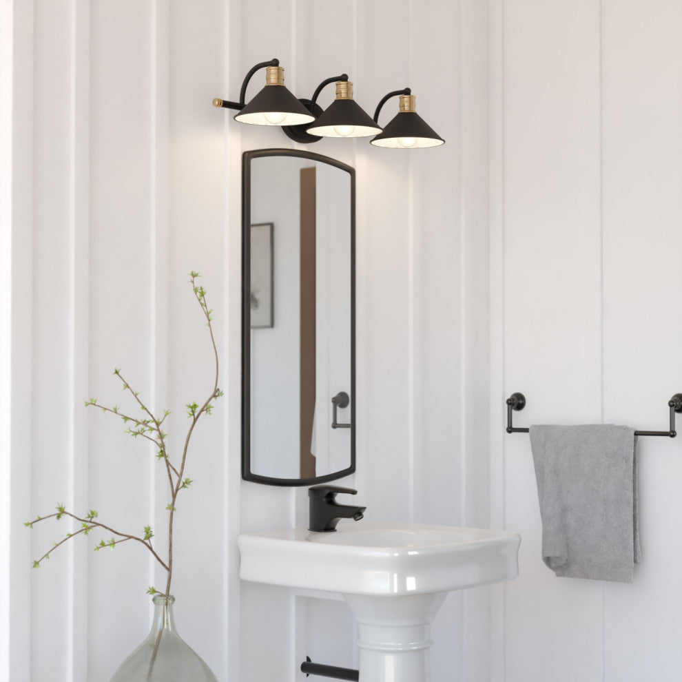 Akron 3 Light Vanity Matte Black and Natural Brass with Matte White