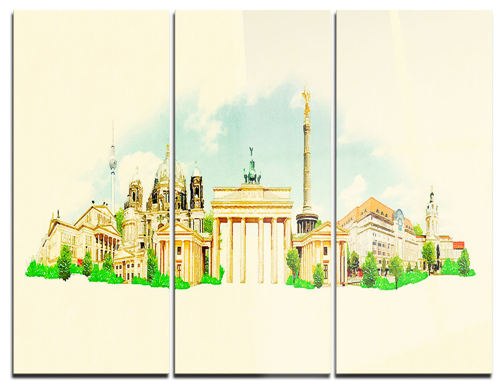 "Berlin Panoramic View" Watercolor Metal Wall Art, 3 Panels, 36"x28"