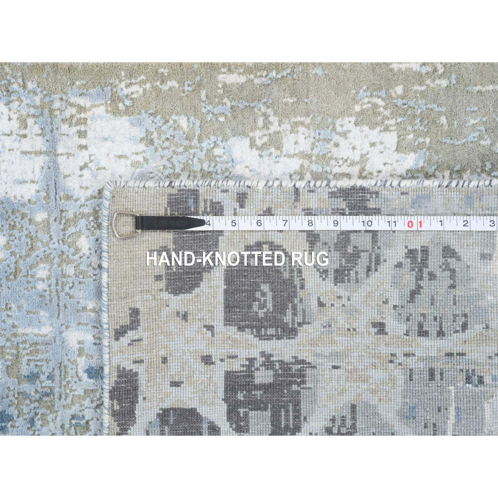 Gray and Blue, THE HONEYCOMB, Wool and Silk Hand Knotted Runner Rug, 2'6"x8'0"