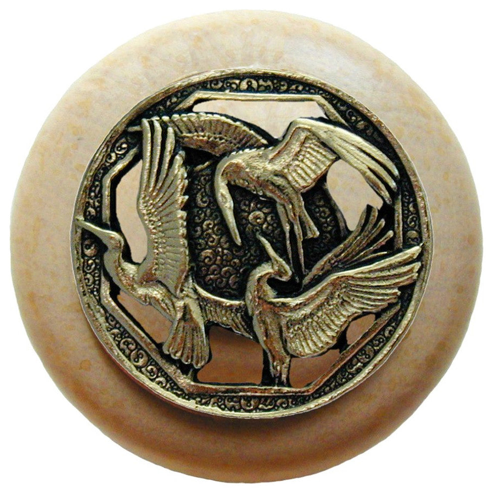 Crane Dance Wood Knob, Antique Brass, Natural Wood Finish, Brite Brass