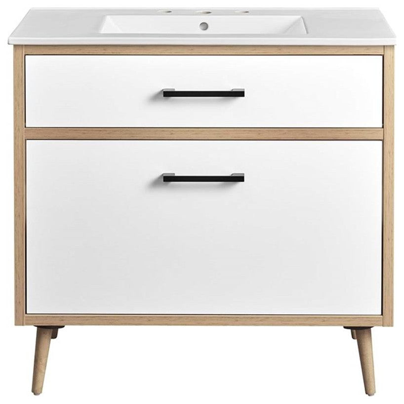 Modway Maverick 36" Wood Bathroom Vanity with Tapered Legs in White/Oak