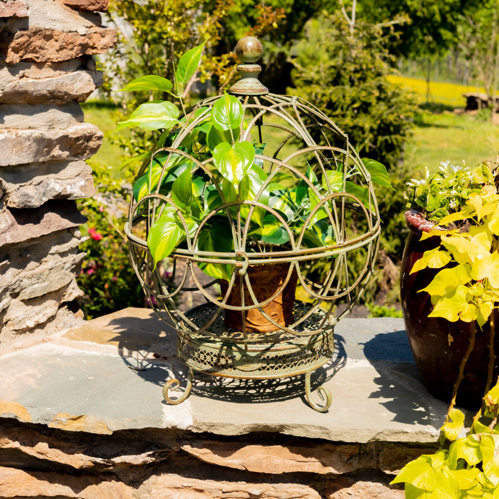 Set of 2 Iron Globe Plant Stands, Antique Green