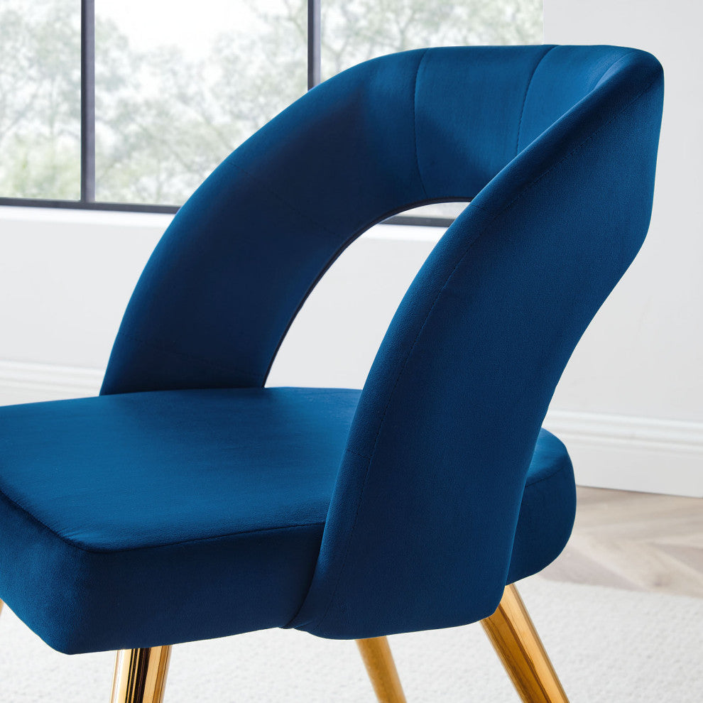 Dining Chair, Set of 2, Navy Gold, Velvet, Modern Cafe Bistro Hospitality