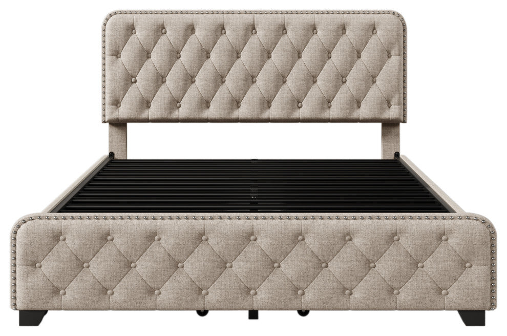 Metal Platform Bed with Headboard, Upholstered and 4-Drawer, Beige, 84.6" X 64.6"