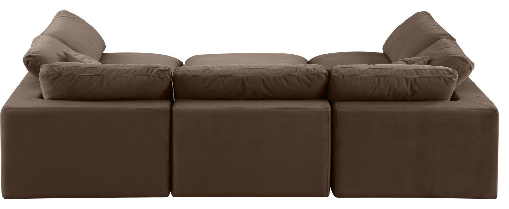 Comfy Upholstered U-Shaped Modular Sectional, Brown, 6-Piece: 3 Armless Chair, 2 Corner Chair, 1 Ottoman, Velvet