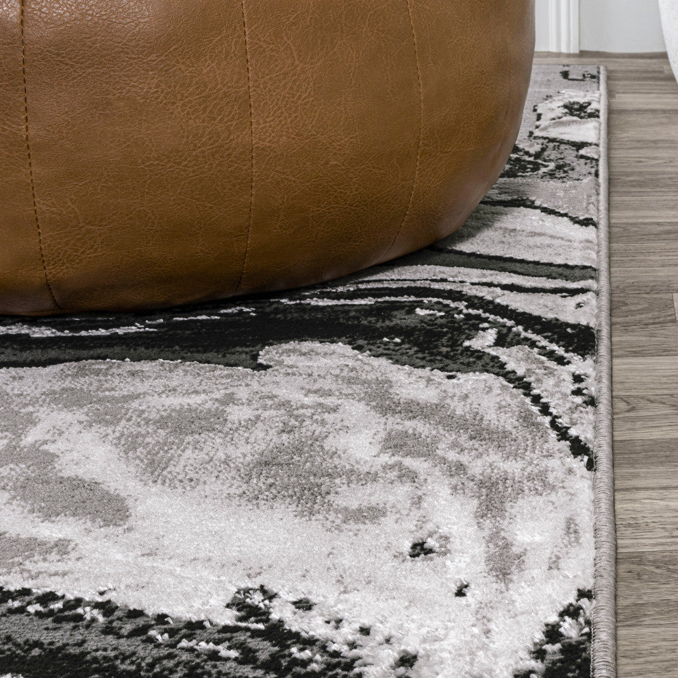 Swirl Marbled Abstract Area Rug, Black/Ivory, 8 X 10