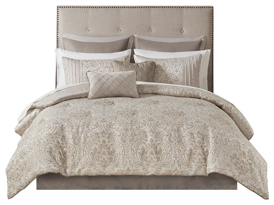 Madison Park Emilia Gold Thread Damask 12-Piece Complete Comforter Set, Cal King