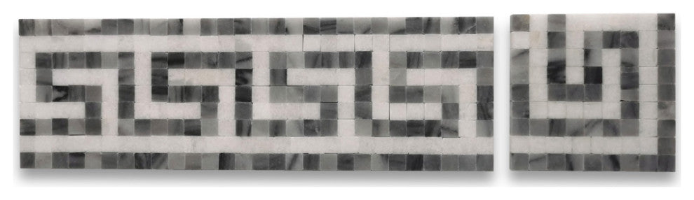 Greek Key Thassos White Bardiglio Gray Marble Mosaic Border Tile, 1 piece