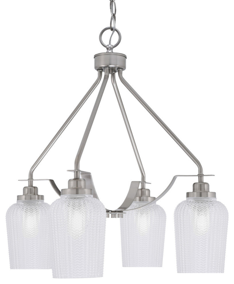 Odyssey 4 Light, Chandelier In Brushed Nickel Finish, 5" Clear Textured Glass