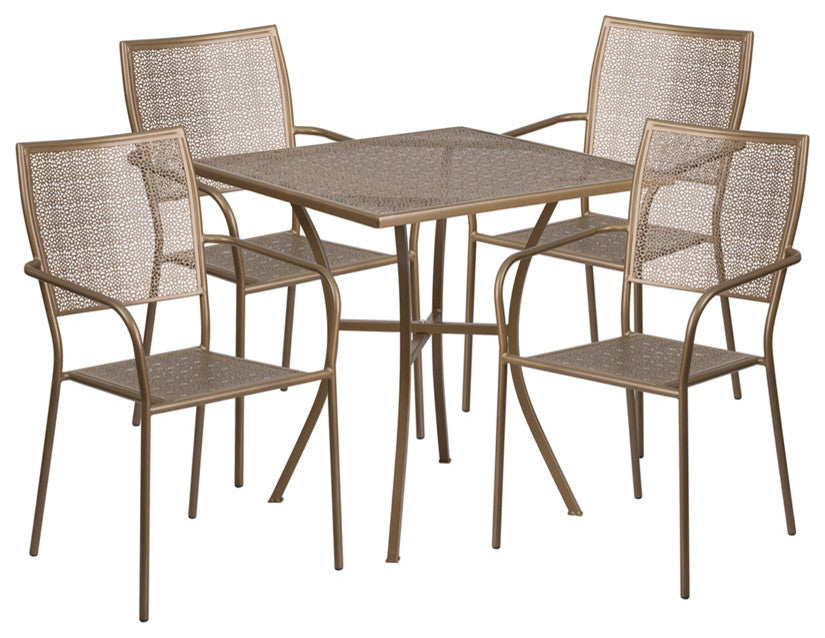 28'' Square Indoor-Outdoor Steel Patio Table Set With 4 Square Back Chairs, Gold