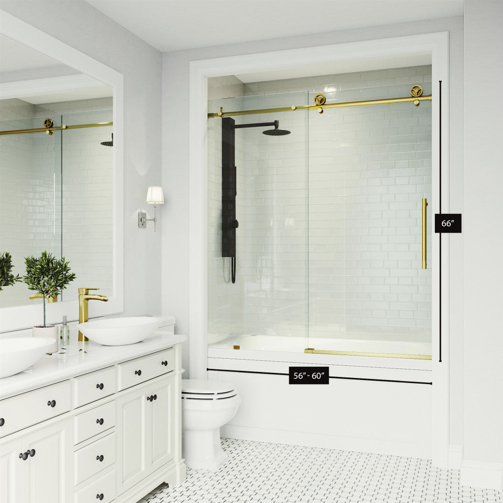 VIGO Elan Cass Aerodynamic 56" to 60" W x 66" H Frameless Sliding Tub Door, Matte Brushed Gold, Clear Glass
