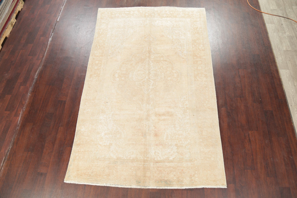 Consigned, Vintage-Style Faded Handmade Persian Wool Area Rug, Beige, 6x10