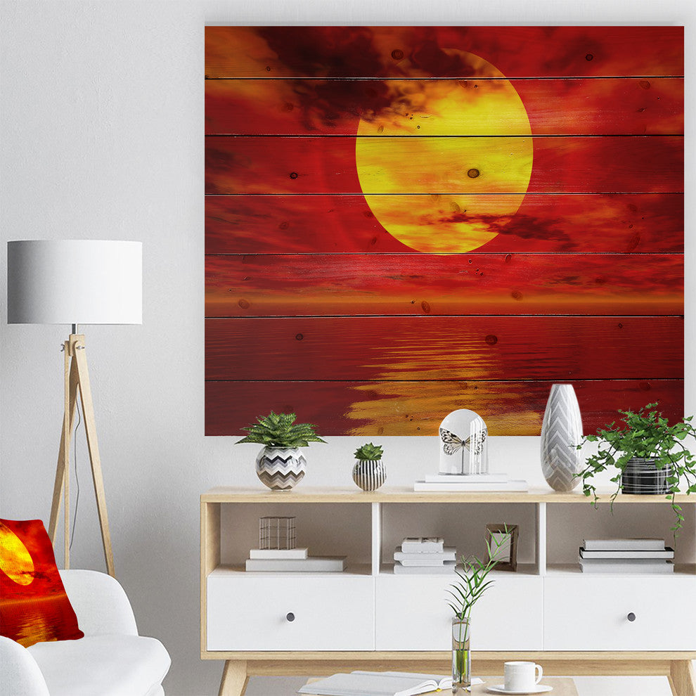 Designart Golden Sun Sinking Red Waters Seashore Wood Wall Art 46x36
