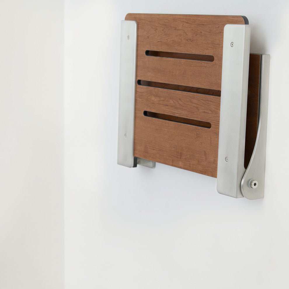 Silhouette Folding Wall Mount Shower Bench Seat, Rustic Teak, Silver Frame