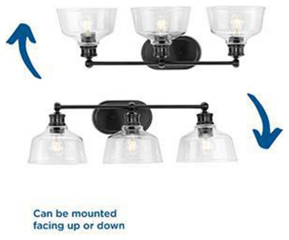 Singleton 3-Light 26.5" Matte Black Farmhouse Vanity Light, Clear Glass Shades