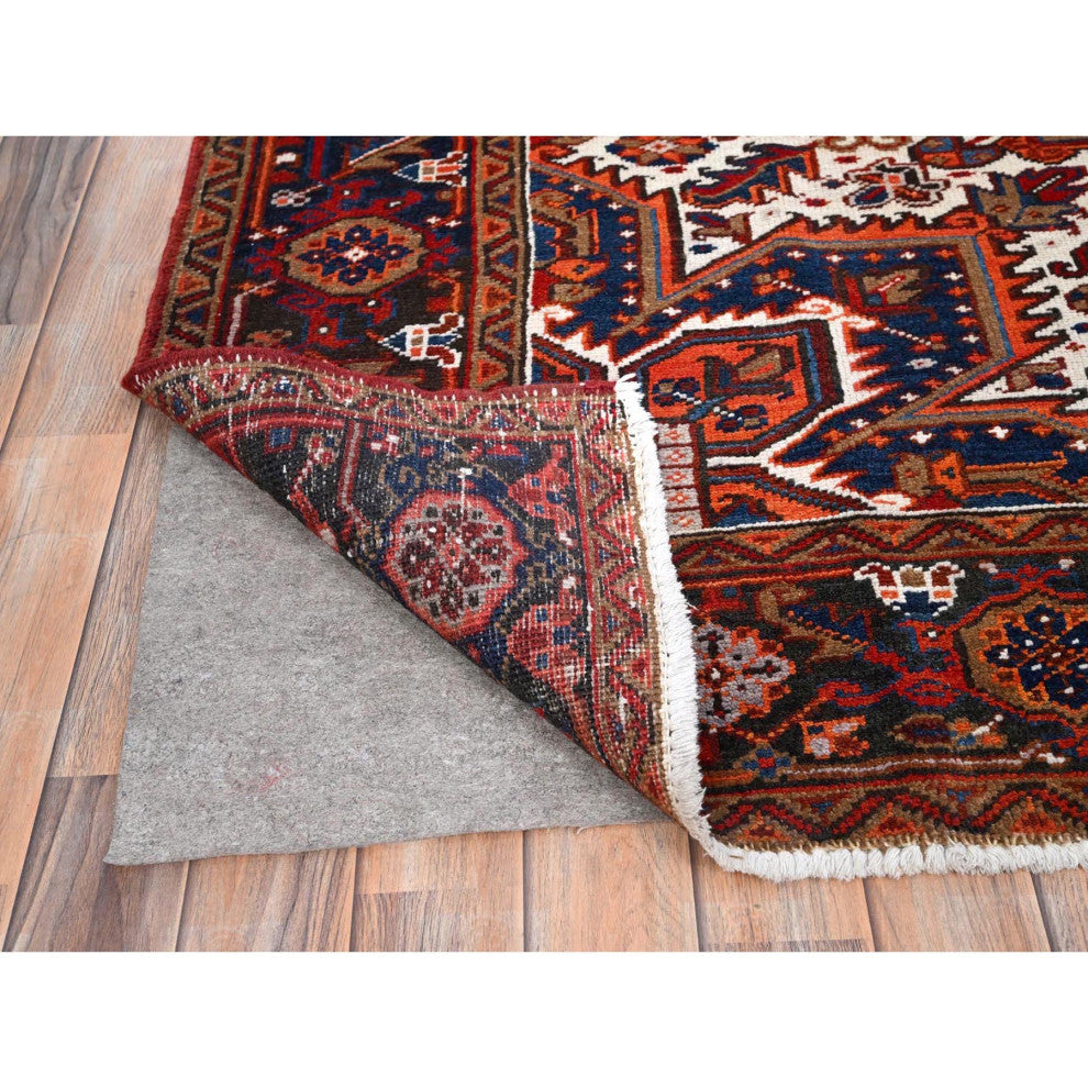 Chili Red Worn Wool Hand Knotted Vintage Persian Heriz Oriental Rug 7'5"x8'10"