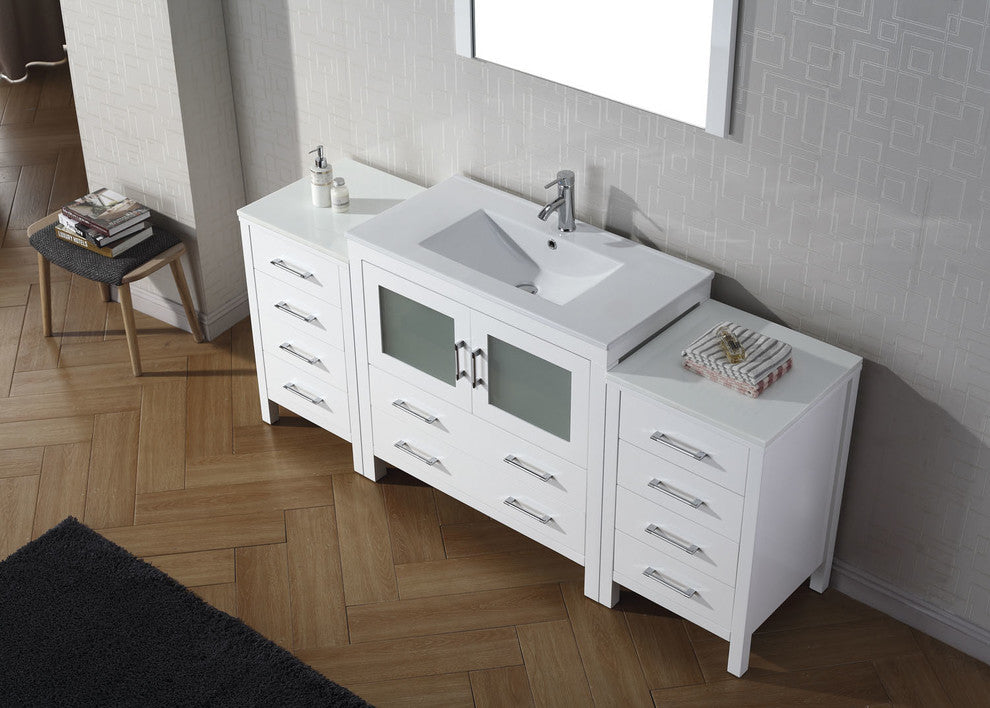Virtu Dior 72" Single Bathroom Vanity, White, Polished Chrome Faucet, Mirror