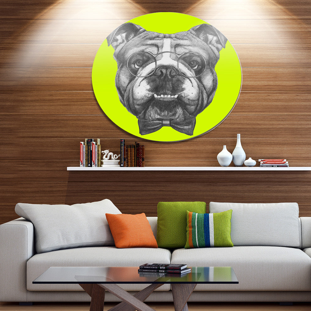 English Bulldog With Bow Tie, Animal Art Large Disc Metal Wall Art, 23"