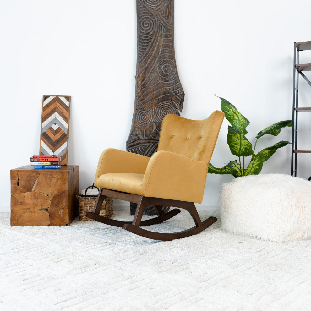 Charlotte Mid-Century Tufted Back Velvet Upholstered Rocking Chair, Yellow