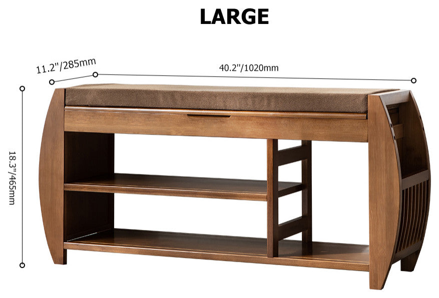 40.2" Rustic Bamboo Upholstered Entryway Flip Top Storage 3-Tier Shoe Bench Rack