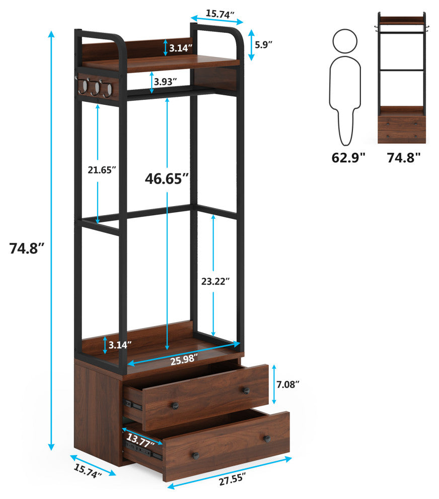 2 Small Rack Hall Trees Small Clothes Rack Coat Rack With 2-Drawer and Shelves
