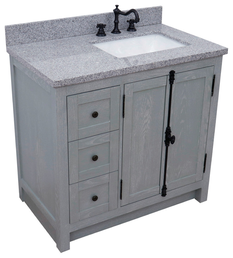 37" Vanity, Gray Ash With Gray Granite Top, Right Doors/Right Rectangle Sink
