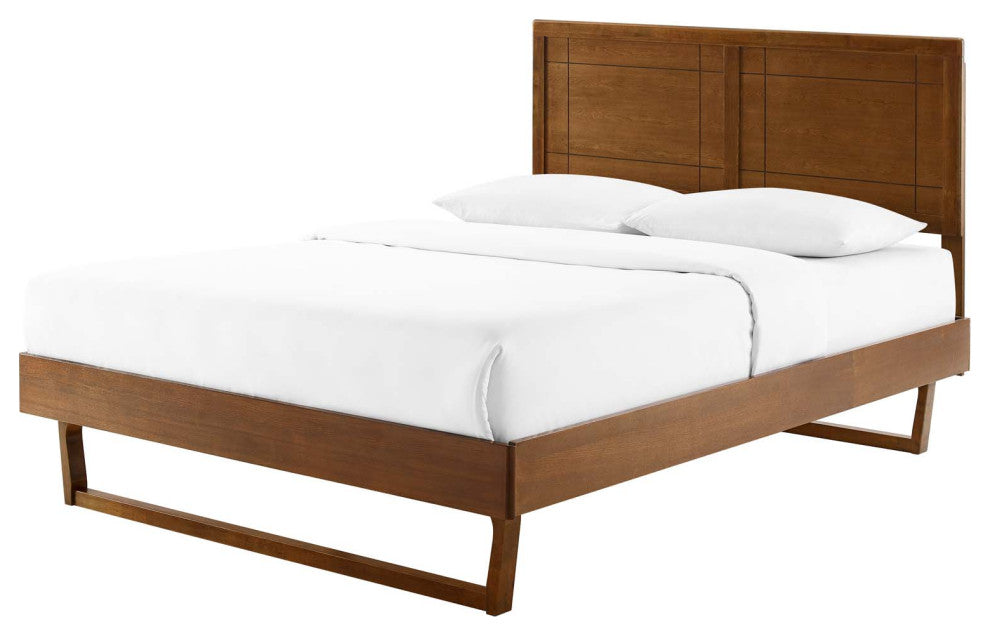 Platform Bed Frame, King Size, Wood, Brown Walnut, Modern Mid-Century, Bedroom