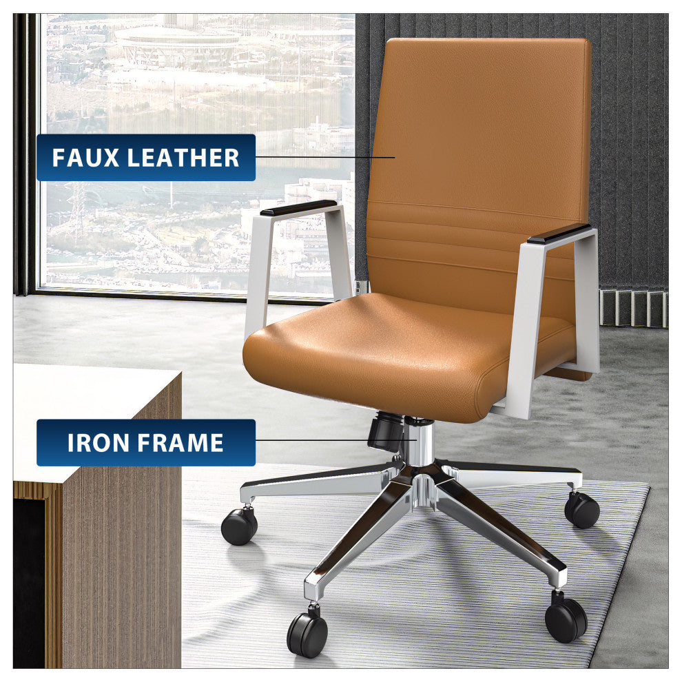LeisureMod Aleen Upholstered Leather Office Chair With Swivel and Tilt, Acorn Brown
