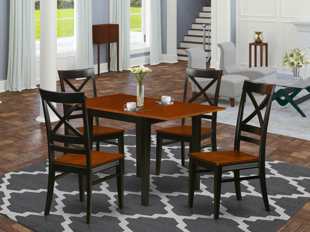 5Pc Dinette Set For Small Spaces, Wood Dining Table, 4 Chairs, Black, Cherry