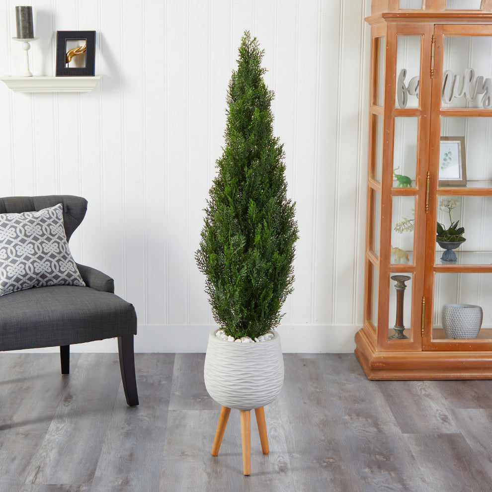 5' Cedar Artificial Tree, White Planter With Stand, Indoor/Outdoor