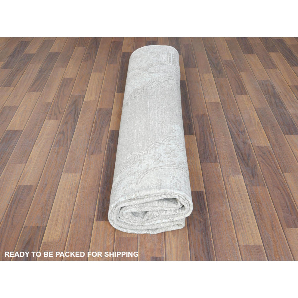 Hand Knotted, Ivory, Vintage Persian Kerman, Worn Wool Oriental Rug 9'6" x 12'5"