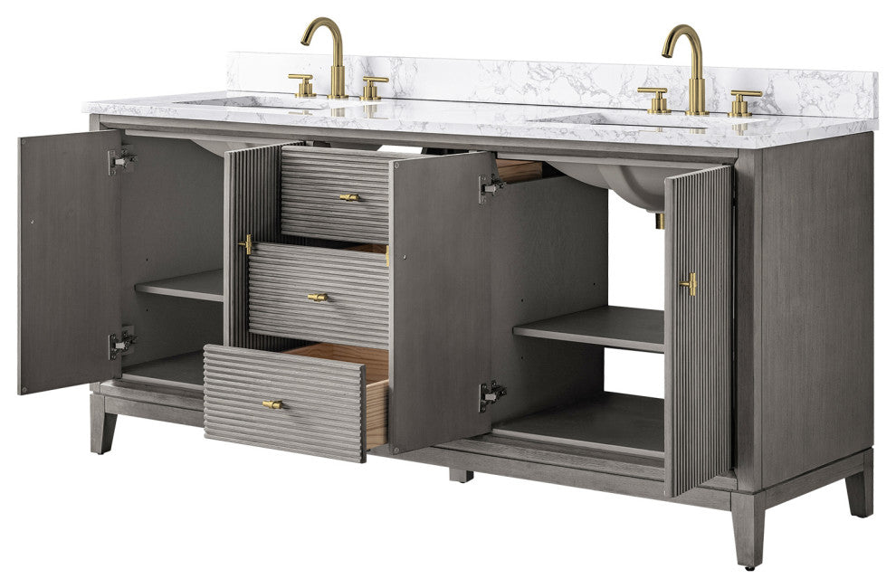 Vanity Art Bathroom Vanity with Engineered Marble Top and Sink, Driftwood Gray, 72" (Double Sink), Golden Brushed