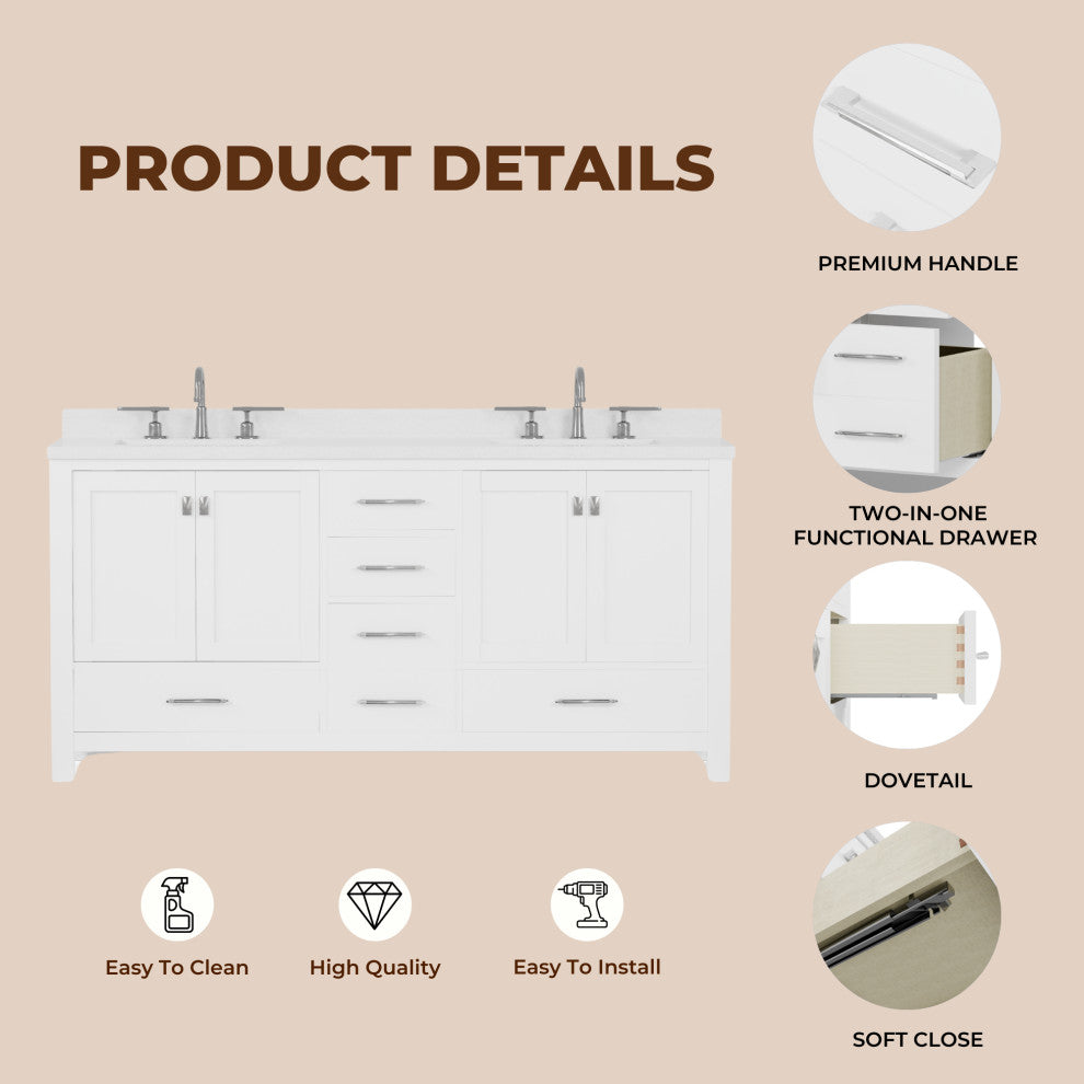 Caroline Avenue 72" Double Bathroom Vanity Set, White