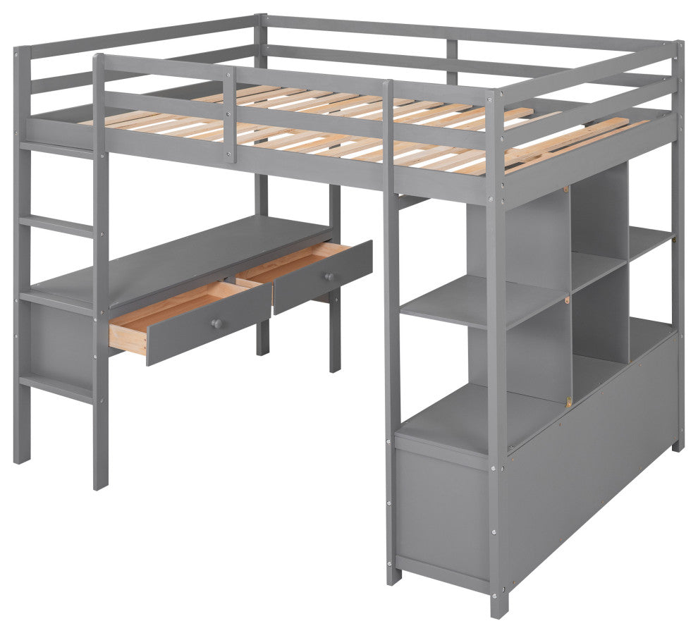 Gewnee Full Size Loft Bed with Built-in Desk with Two Drawers in Gray