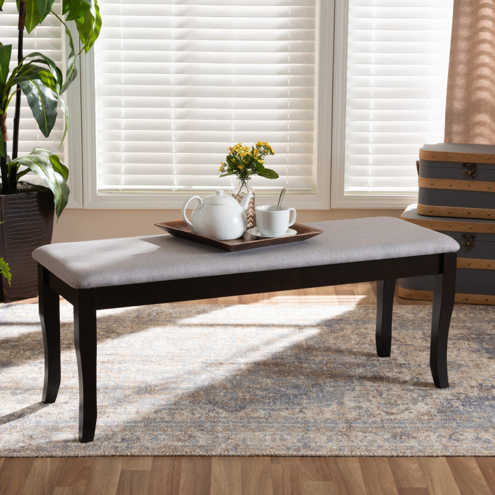Aerni Transitional Gray Upholstered and Dark Brown Wood Dining Bench
