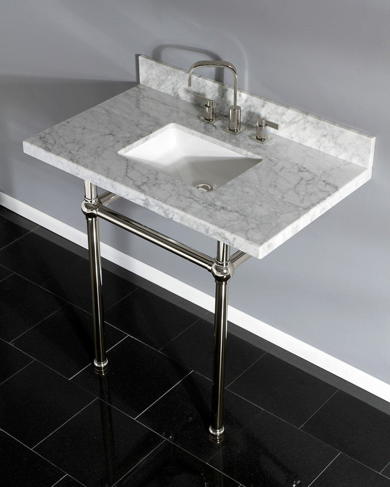 36X22 Marble Vanity Top w/Brass Console Legs, Carrara Marble/Polished Nickel