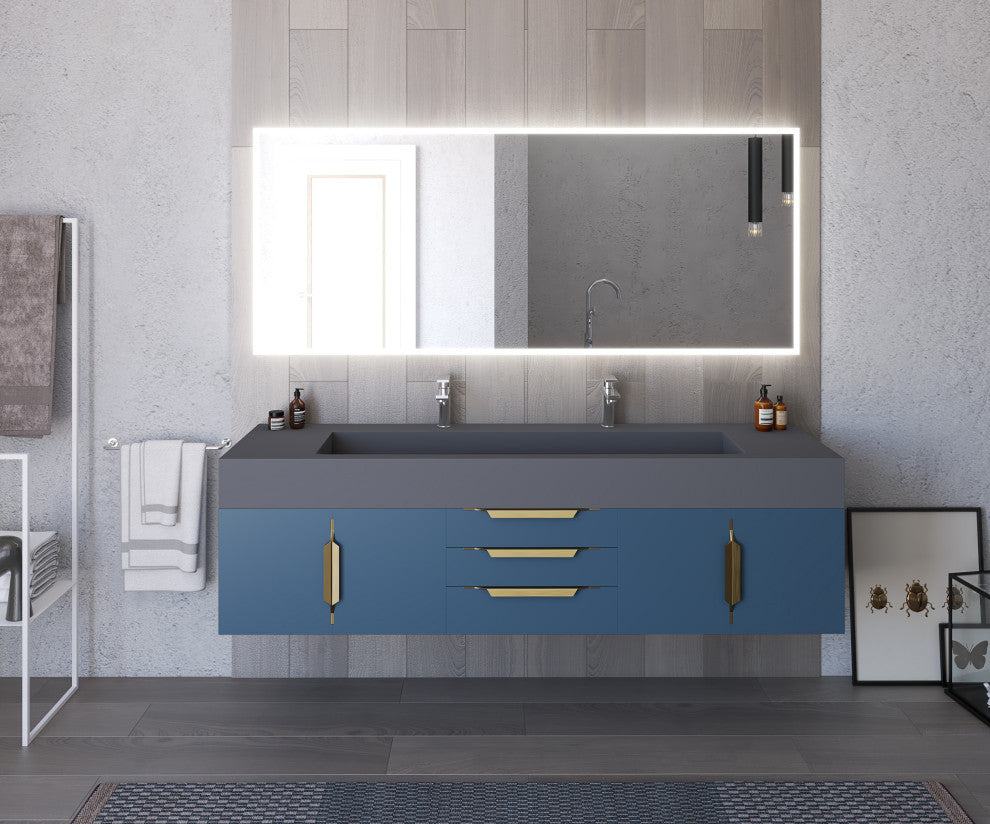 CastelloUSA Nile 72" Wall Mounted Bathroom Vanity Set, Blue, Gray Top, Gold Handles